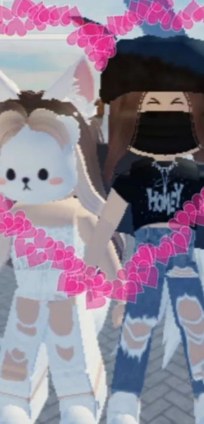 Two cute animated characters with pink heart frame.