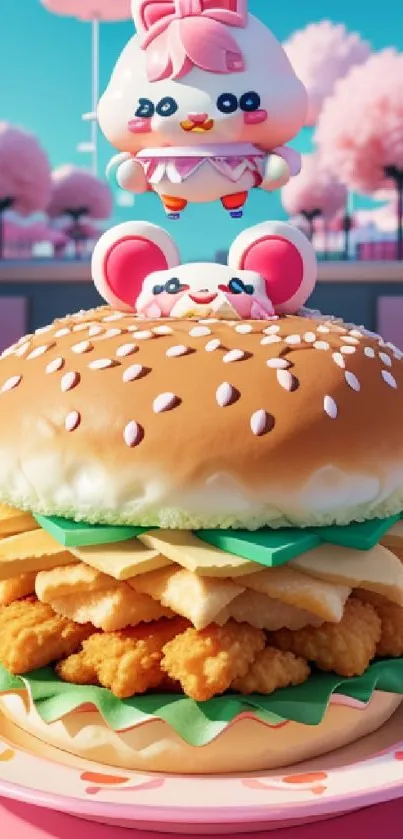 Cute cartoon characters on a burger with a pastel background.