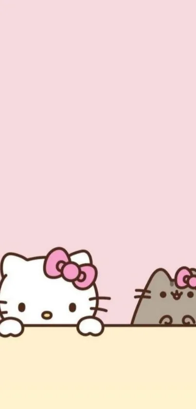 Cute characters on light pink mobile wallpaper with bows.