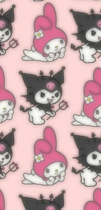 Cute black and pink characters wallpaper for mobile.