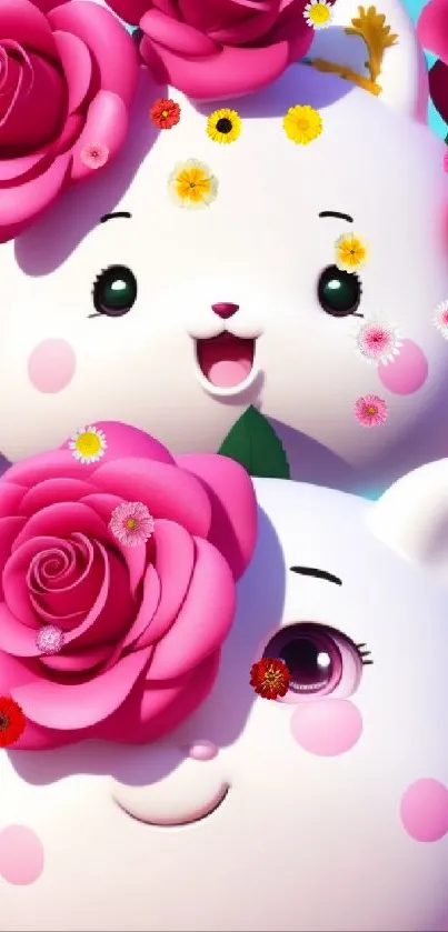 Cute cartoon characters with pink roses.