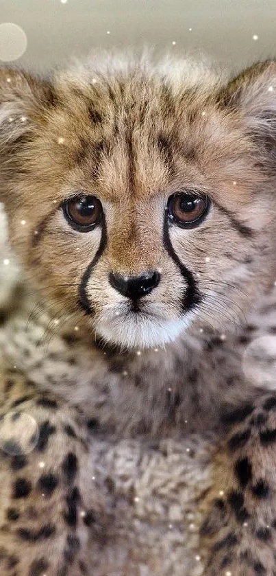 Adorable cheetah cub lying down, looking inquisitive.