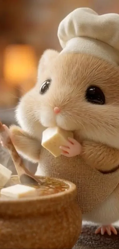 Cute cartoon hamster chef stirring stew in a wooden pot.