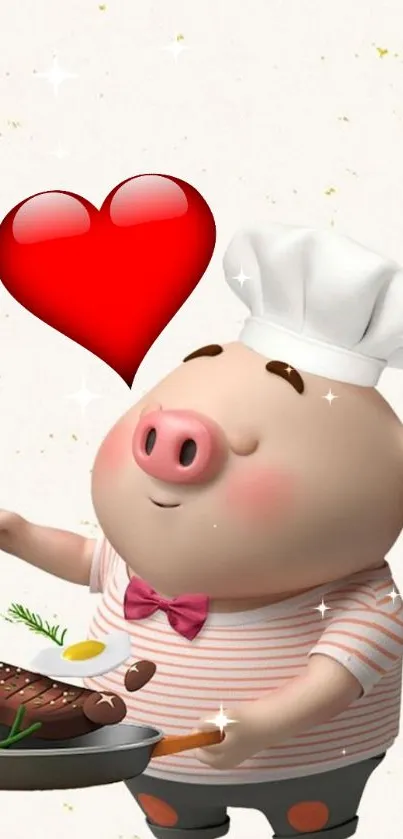 Cartoon chef pig with red heart symbol on a white background.