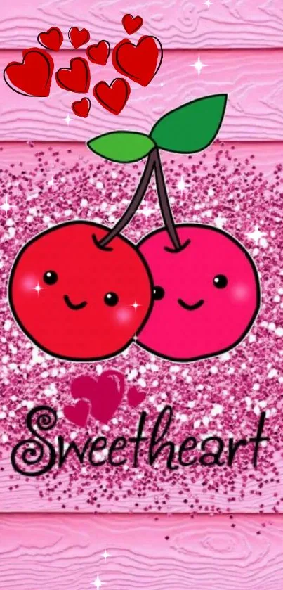 Cute cherries and hearts with pink glitter, perfect for a sweet wallpaper.