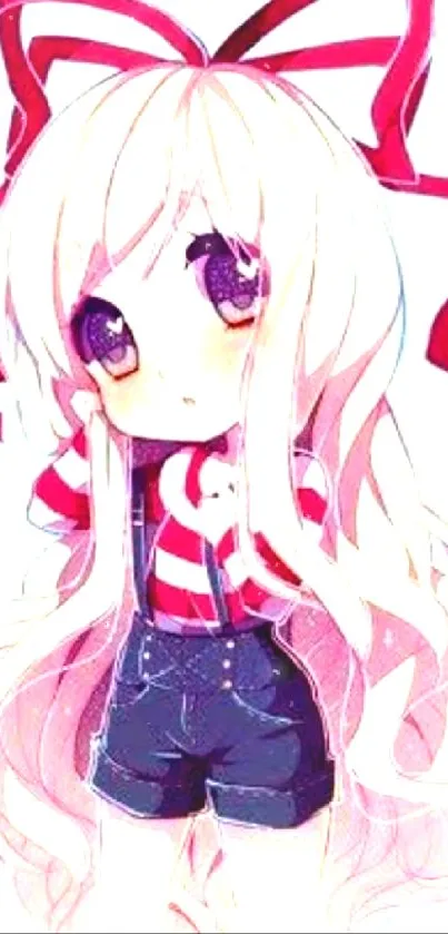 Chibi anime girl with pink hair and red bow on mobile wallpaper.