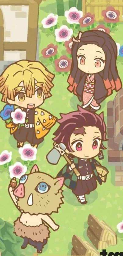 Chibi anime characters in a cute garden setting.