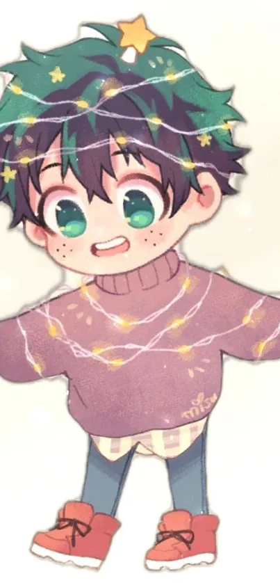 Chibi character in sweater with green hair and stars.