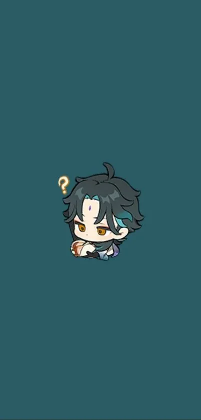 Chibi character on a teal background with a question mark above head.