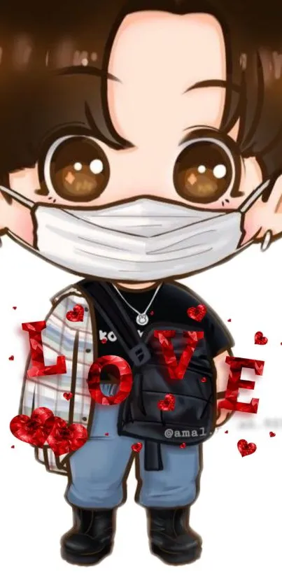 Cute chibi character with love text and hearts.