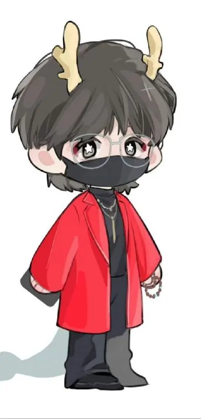 Chibi character with red coat and antlers, stylish and cute.