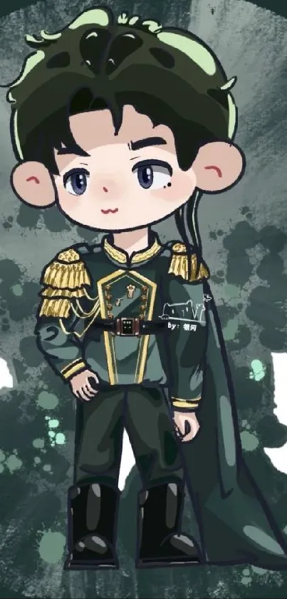 Chibi character in green military-style attire on artistic wallpaper.