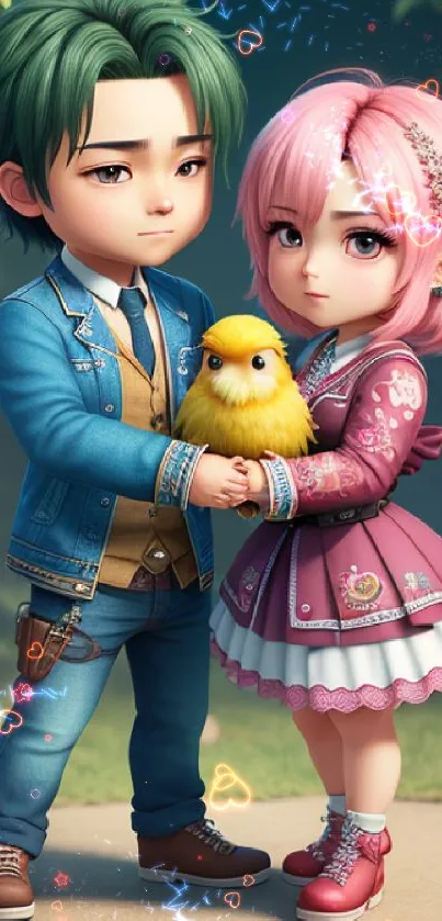 Chibi couple holding yellow bird in colorful attire.