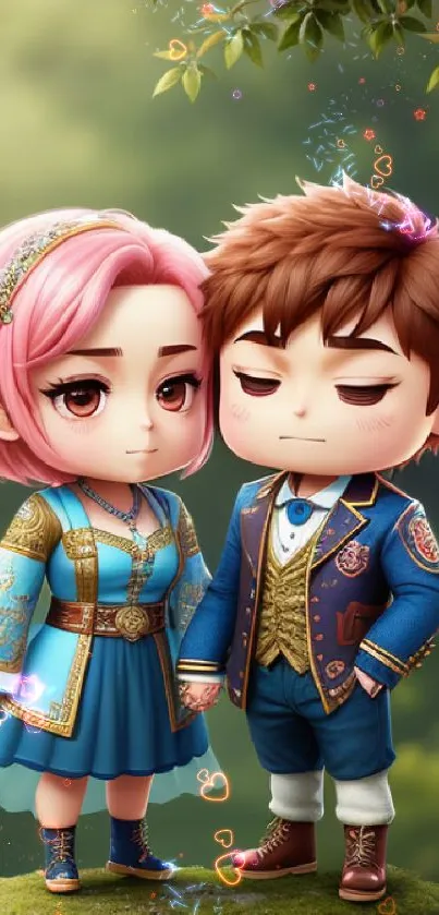 Cute chibi couple in fantasy attire on a vivid green background.