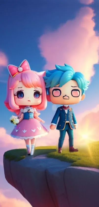 Chibi couple standing on a cliff at sunset with pink clouds.