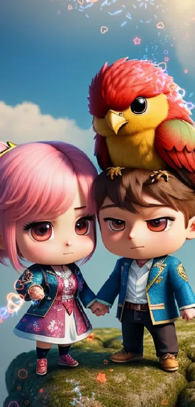 Chibi couple holding hands with a bird on the head, under a blue sky.