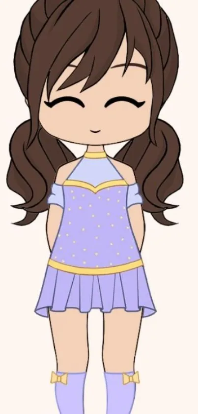 Chibi girl in lilac dress with pigtails, smiling.