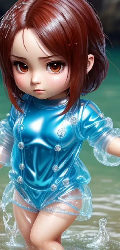 Chibi character in blue outfit standing in beach water.