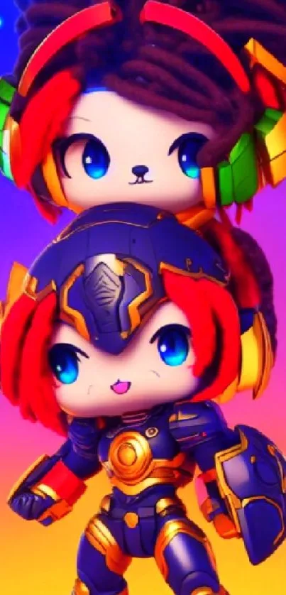 Chibi characters with headphones and armor in vibrant colors.