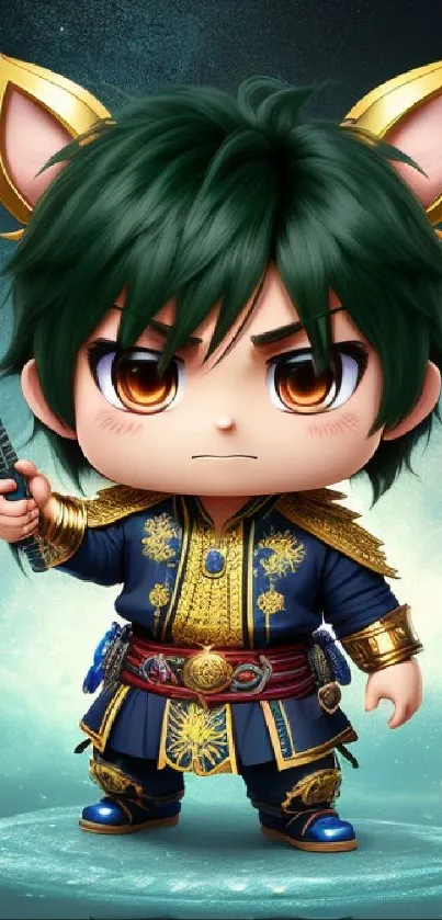 Chibi warrior with green hair and golden ears in a blue outfit.