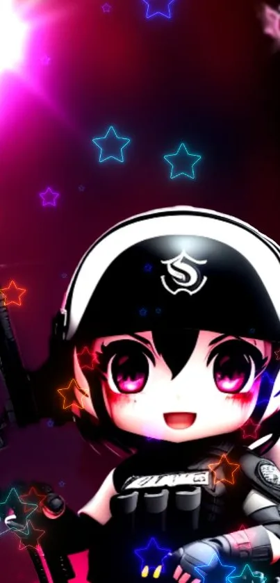 Cute chibi anime soldier with neon star background.