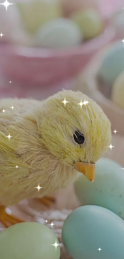 Adorable chick with pastel eggs and star sparkles.