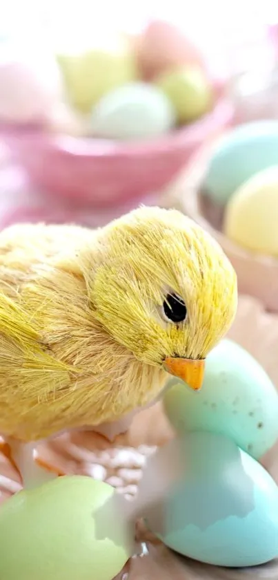 Charming yellow chick with pastel Easter eggs background.