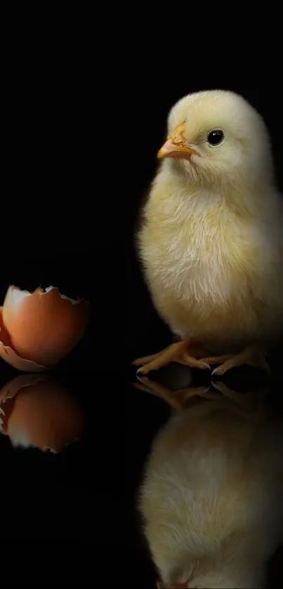 Chick standing next to a cracked eggshell on black background.