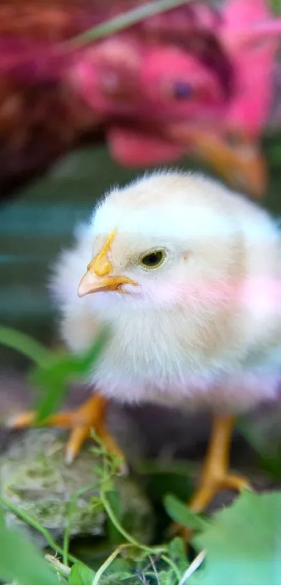 Adorable chick with green grass background and blurred hen.