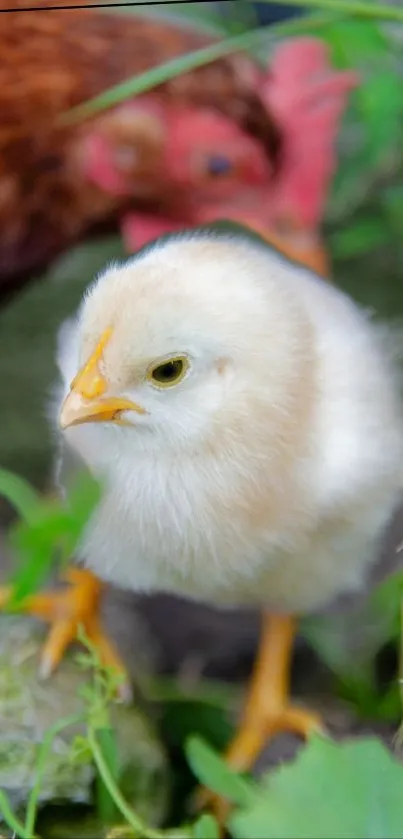 Adorable chick with hen in green nature setting.