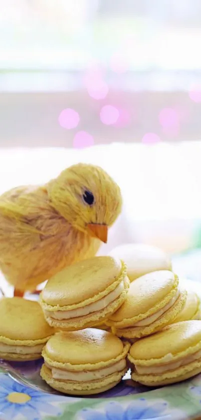 Fluffy chick with yellow macarons on a floral plate mobile wallpaper.