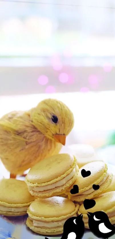 Cute chick with macarons in pastel colors.