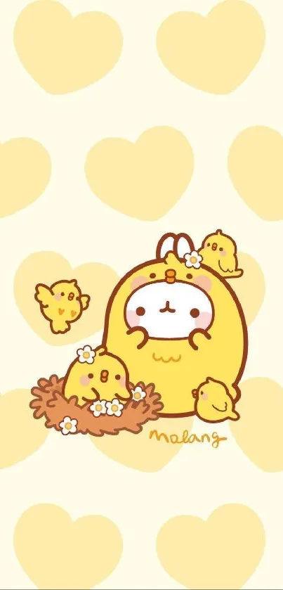 Cute chick family with heart background wallpaper.