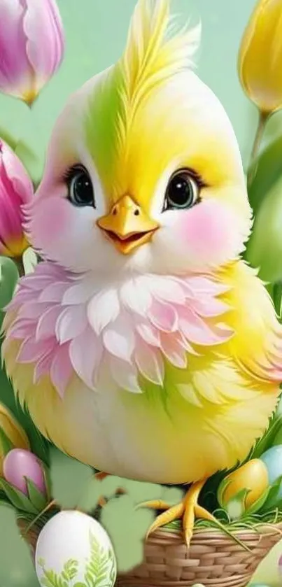 Cute chick surrounded by tulips and Easter eggs in a digital wallpaper.