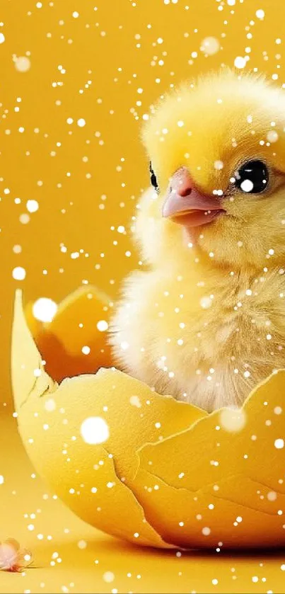 Adorable fluffy chick hatches from yellow egg with snowflakes falling around.