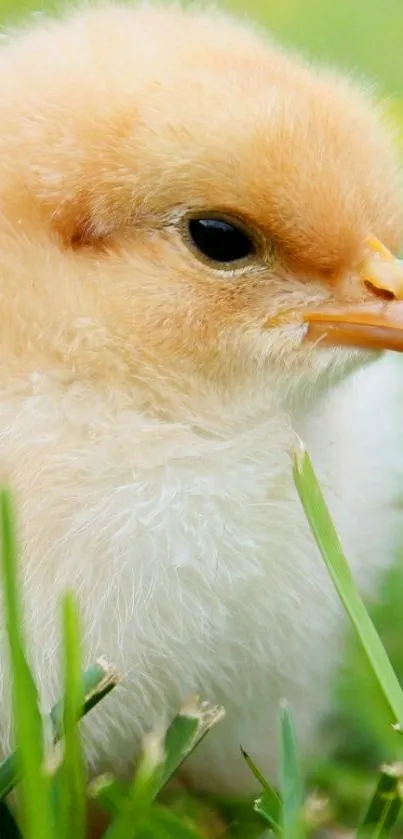 Cute fluffy chick sitting in green grass.