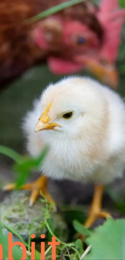 Adorable baby chick in lush green setting.