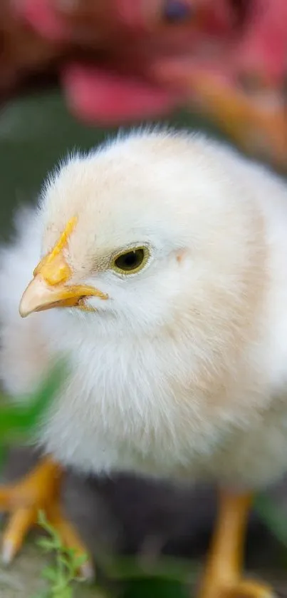 Cute chick standing in lush green grass with a brown hen in the background.