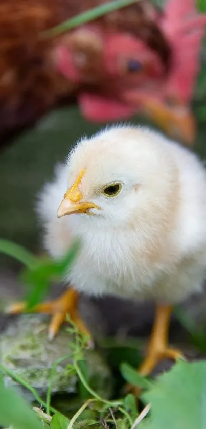 Cute chick standing in vibrant green grass, natural setting.