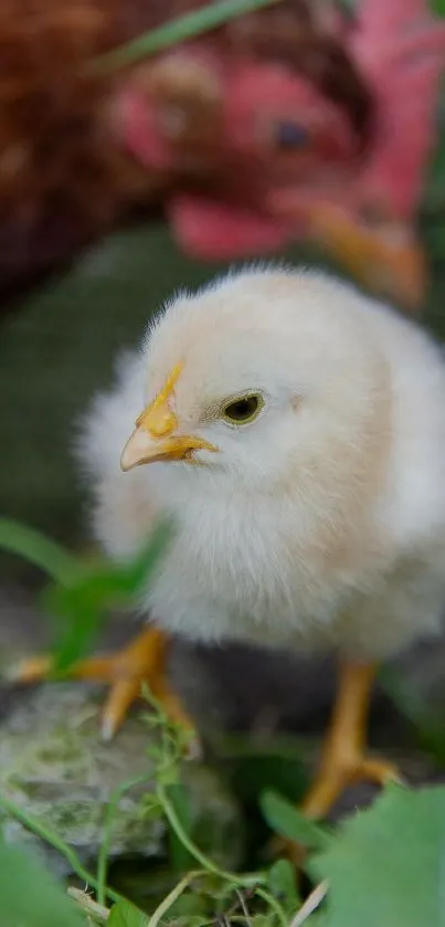 A fluffy baby chick stands in the grass, creating a peaceful scene.