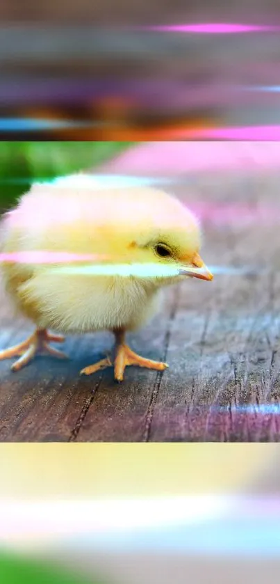 Fluffy chick standing on rustic wood with neon streaks.