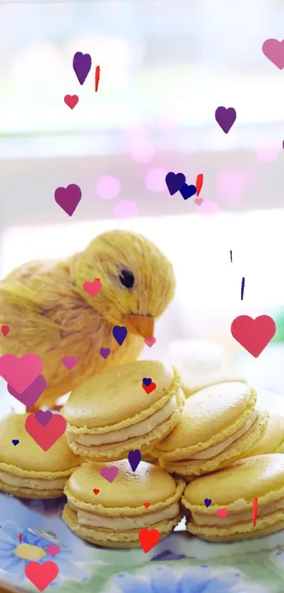 Cute chick with macarons and colorful heart shapes on a pastel background.