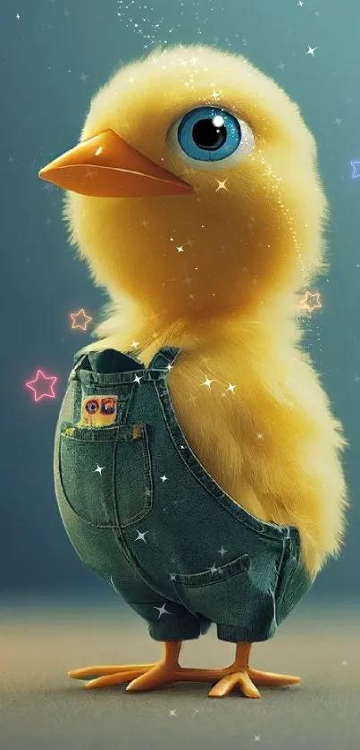 Adorable yellow chick wearing denim overalls on a mobile wallpaper.