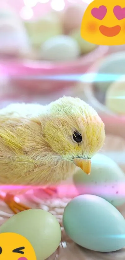 Yellow chick with pastel Easter eggs and emojis.