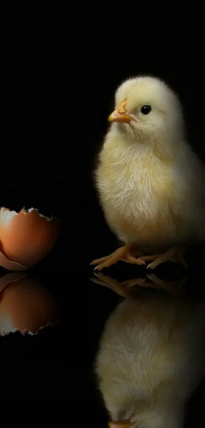 Adorable yellow chick next to cracked eggshell on black background.