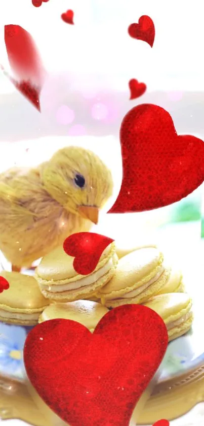 A fluffy chick with macarons and red hearts on a mobile wallpaper.