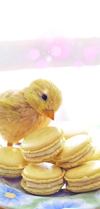 Cute chick on a stack of yellow macarons on a floral plate.