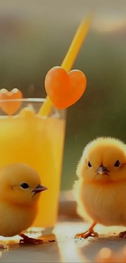 Two cute chicks near an orange drink with heart decorations.