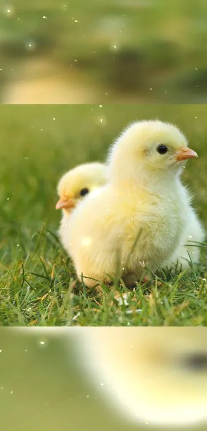 Two fluffy yellow chicks on green grass mobile wallpaper.