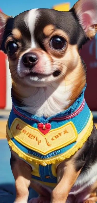 Cute Chihuahua wearing a colorful vest sitting outdoors.